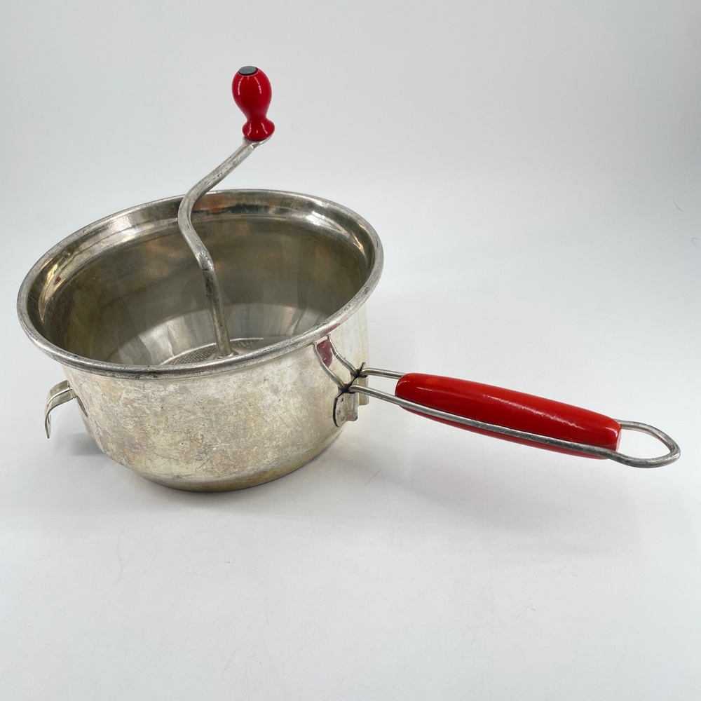 Vintage Foley Food Mill Red Wood Handle Tinned Steel Hand Crank Puree Tool